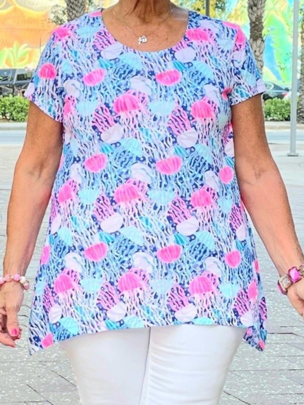 LuLu-B Vibrant Blue and Pink Jelly Fish Burnout Top Size Large Sharkbite Hem